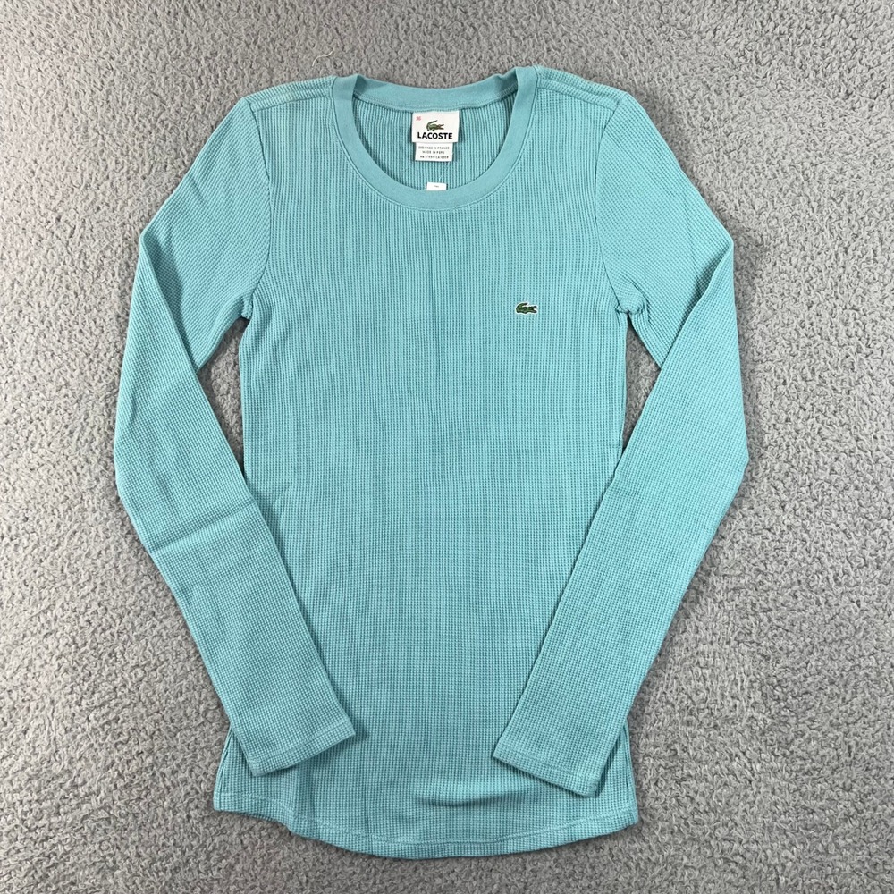 Lacoste Waffle‎ Knit Thermal Top Women's US Size S Aqua Blue Long Sleeve VTG NWT